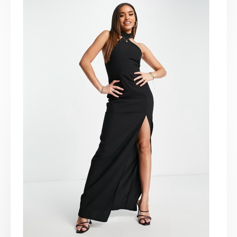 Vesper Black High Neck Halter Maxi Evening Dress/Gown with Slit